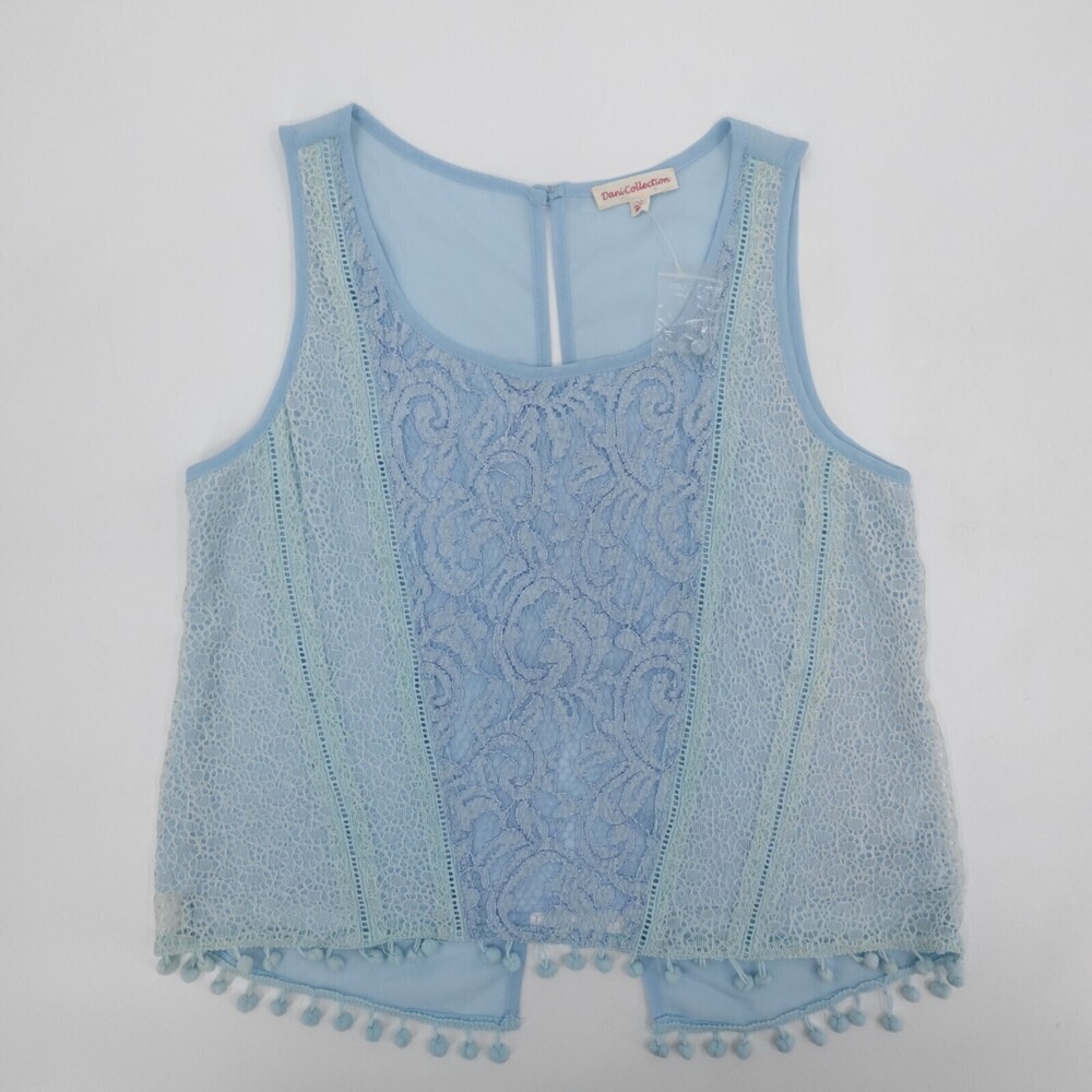 Dani Collection Shirt Womens Medium Blue Blouse Lace Open Back Sleeveless